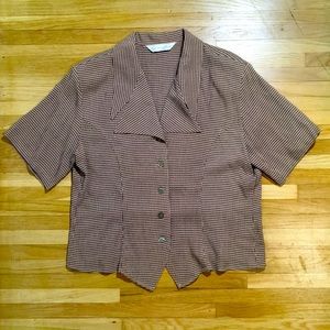 Retro tan and black checkered collared top/ blouse
